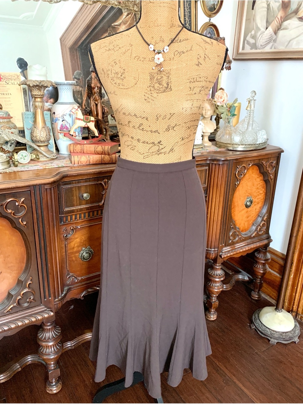 Vintage Classic Flirty Edwardian-inspired Warm Brown Long Pencil Flare Skirt